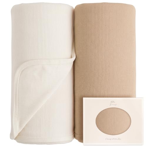Image of Konssy Ribbed Knit Baby Blankets 2 Pack, Stretchy Lightweight Swaddle Blanket for Boys & Girls, Soft Cozy Receiving Wrap for Newborns, Infants, & Toddlers, 33x42 Inch