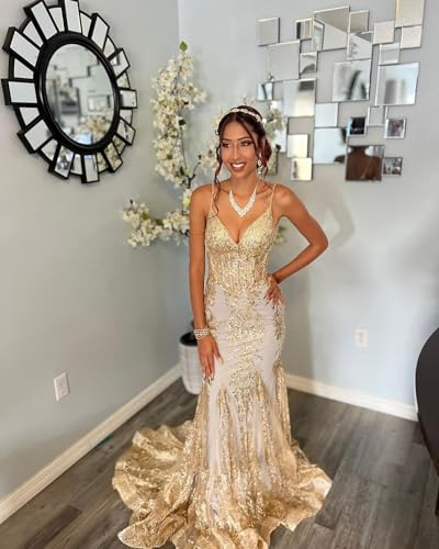 RYANTH Sparkly Sequin Mermaid Prom Dresses for Women 2025 Lace Applique V Neck Corset Formal Evening Dress with Train RDX-P363