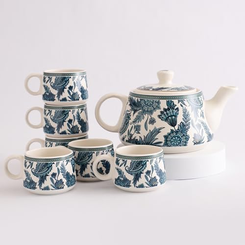 Image of miah decor Handcrafted Ceramic Morning Tea Set - 6 Tea Cups & 1 Kettle | White & Blue Print | Microwave & Dishwasher Safe | Elegant Tea Set for Home, Office & Gifting
