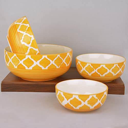 StyleMyWay Studio Pottery Handpainted Dinner Serving Bowl Set (Set of 4, Mustard Yellow and White) | Dinner Serving Donga Set | Stackable Kitchen Bowl Set (Ceramic)