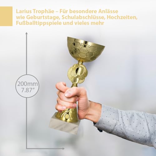 Larius Pokal (20 cm, 245g) – Personalisierbare Trophäe aus Metall mit Steinsockel – Ideal für Turniere, Fußball, Kindergeburtstage, Mannschaften & Auszeichnungen – Modell M2 (ohne Wunschtext, Gold)