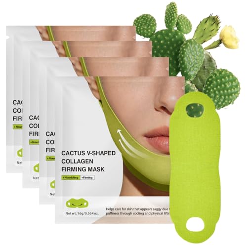 4pcs CACTUS V-Line Face Lifting Chin Mask - Firming Collagen Mask - Retinol Double Chin Reducer - Hydrogel Chin Strap for Women - Jawline Shaper & Neck Firming