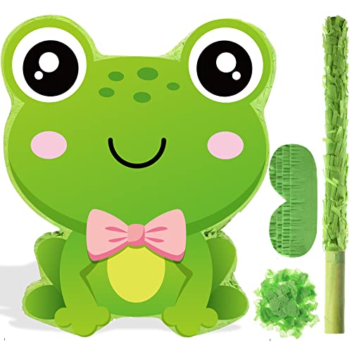 Aoriher Frog Piñata with Stick Blindfold and Confetti Frog Birthday Party Favors Decorations for Country Farm Theme Party Supplies Toys Outdoor Games, 15 x 13 x 3.2 Inch