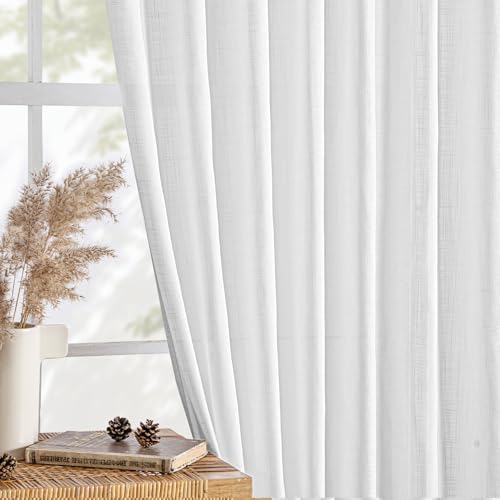 MIULEE White Linen Curtains 78 Inch Long 2 Panels for Bedroom Living Room, Soft Thick Linen Textured Back Tab Window Drapes Semi Sheer Light Filtering Rod Pocket Modern Farmhouse Decor