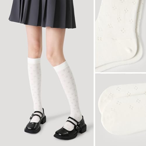 Women's Retro Casual Floral Hollow Knee High Socks Vintage Chic Calf Socks with Breathable Cutout Design4