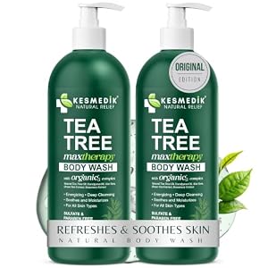 KESMEDIK Tea Tree Body Wash MaxTherapy with Eucalyptus, Aloe & 100% Tea Tree Oil for Skin, Cleans, Soothes and Refreshes Sensitive, Itchy Skin, Body & Foot Soap for Men & Women, 2-Pack