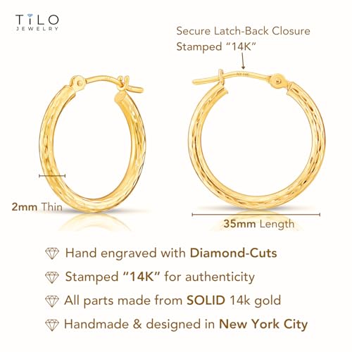 14k Yellow Gold Hand Engraved Full Diamond-cut Round Hoop Earrings3