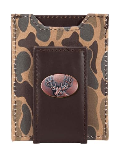 ZEP-PRO Buck Men's Magnetic Front Pocket Old School Camo Leather Wallet – Slim Design with Card Slots and Money Clip, Brown/Tan Camo