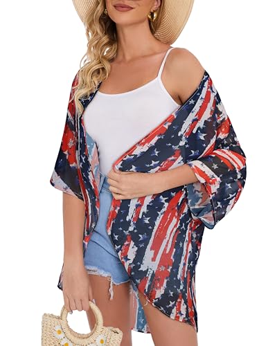 Image of Women's Floral Print Puff Sleeve Kimono Cardigan Loose Cover Up Casual Blouse Tops 2026