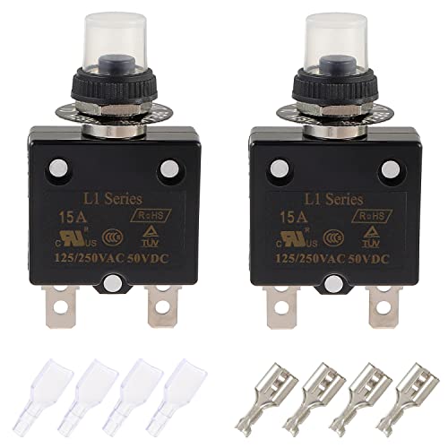 Eplzon 15A Manual Reset Push Button Circuit Breaker 125/250V Ac 50V Dc Thermal Overload Protector With Quick Connect Terminals And Waterproof Button Caps Assortment Kit(Pack Of 2 Pcs) #TOP16