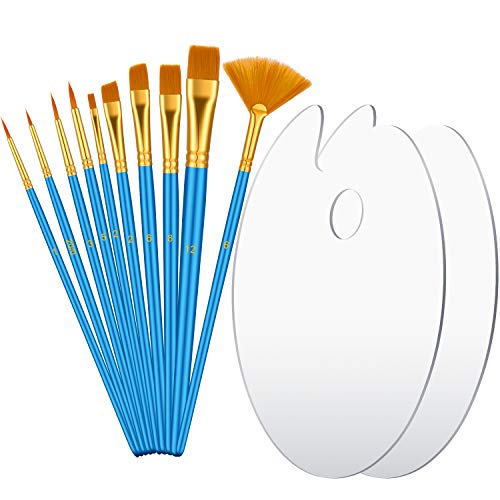 2 Pieces Clear Acrylic Paint Palette 2 Sizes Oval Shaped Artist Painting Palette Non-Stick Oil Paint Palette with 10 Pieces Nylon Hair Painting Brush for DIY Art Craft Painting