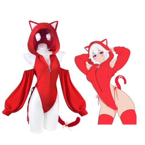 KORURACLUB Cosplay Anime Bodysuit Cat Outfit(2-Piece Set) Sexy Halloween Cosplay Lingerie for Women (Red, XS-M)