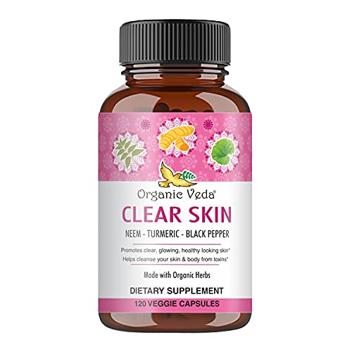 Organic Veda Clear Skin Capsules - Organic Skin Health & Blood Cleanse Supplement Made with Neem, Turmeric, and Black Pepper for Clear, Glowing, and Healthy Looking Skin - 120 Veggie Capsules
