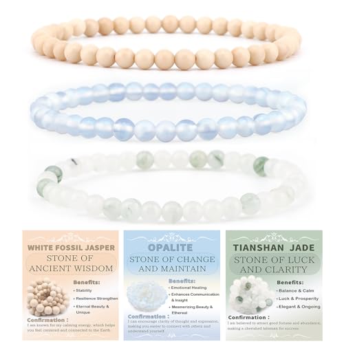 NCB 3-Piece 4mm Natural Crystal Gemstone Stretch Bracelets - Opalite Tianshan Jade White Fossil Jasper Handmade Reiki Energy Healing Jewelry for Meditation Yoga Unisex