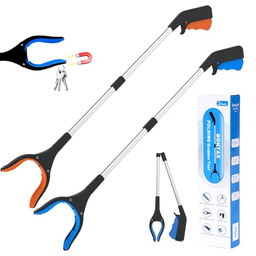 32" Reacher Grabber Pickup Tool 2 Pack, Foldable Seniors Handicap Daily and Trash Picker Upper Grabbers Daily Living Tools (Blue and Orange)