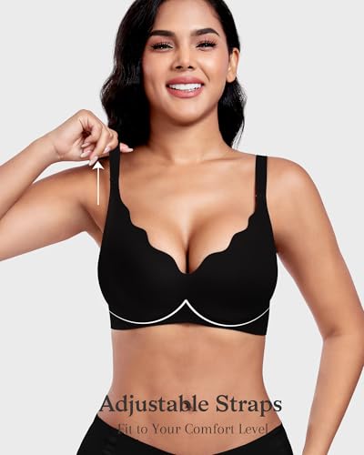 Vinfact Women's Bras Plunge V Floral Non Wired Push up Padded Comfort Everyday Bra-Black-XL - Image 4