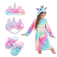 Piefry Weicher Einhorn-Bademantel mit Kapuze für Mädchen mit Einhorn-Pantoffeln, Augenbinde und Stirnband - Geschenke für Mädchen (Rötlich, 8-9 Jahre)