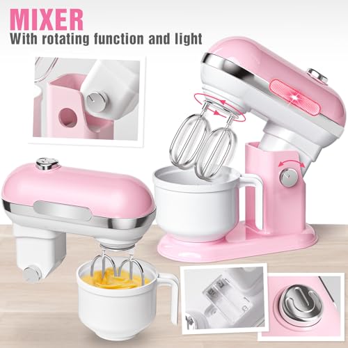 B Bascolor Pretend Play Kitchen Appliances Toy Set with Realistic Coffee Maker Machine, Toaster, Mixer and Blender, Kids Kitchen Playset with Sound & Light for Kids Age 3–5 4-8 - Thumbnail 4