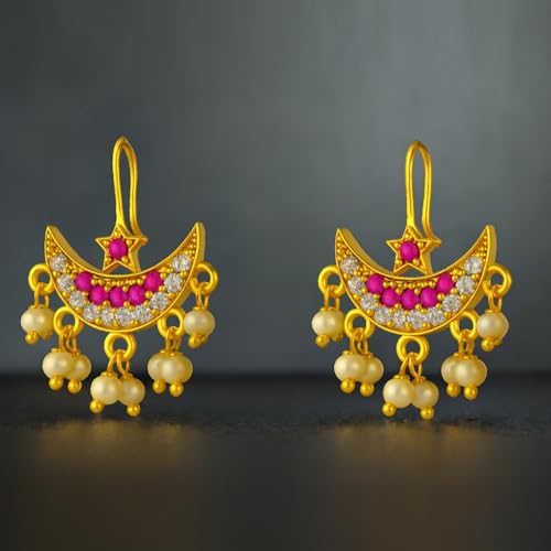 Image of VAMA FASHIONS 18K Gold Plated Anti Tarnish Half Moon Peacock Shape Traditional Maharashtrian Press on Bugadi Upper Ear Clip on Earrings For Women & Girls