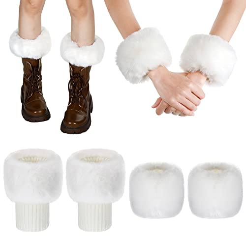 SATINIOR Women's Winter Faux Fur Fuzzy Wrist Cuffs Warmers and Boot Cuffs Knitting Fluffy Leg Warmers for Women Girls