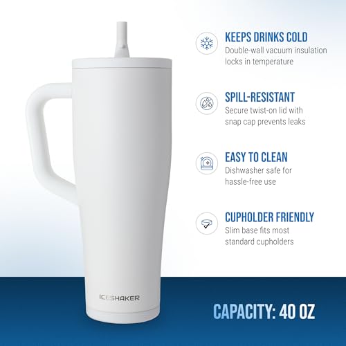 Image of Ice Shaker 40 oz Tumbler with Handle and Straw | 40oz White | Cold for 30+ Hours | 2-in-1 Tumbler Shaker Bottle | Odor-Free 40 ounce Bottle for Water, Protein Shakes, Smoothies, Cocktails