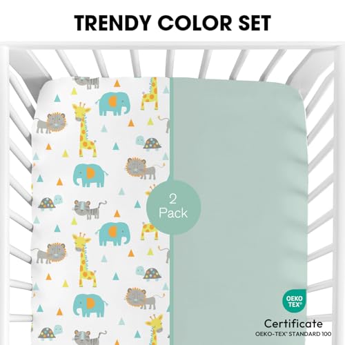 Image of Little Grape Land Crib Sheets for Girls and Boys, 2pk Baby Crib Fitted Sheet for Standard Size Crib and Toddler Mattress, Super Soft Baby Sheet, Green Dinosaur