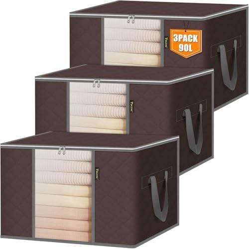 BALEINE 3 Pack Clothes Storage Bags, 24 Gallon Storage Containers with Reinforced Handle, Sturdy Zipper, Closet Organizer for Blanket, Comforter, Pillow, Bedding (Brown, 3 Pack)