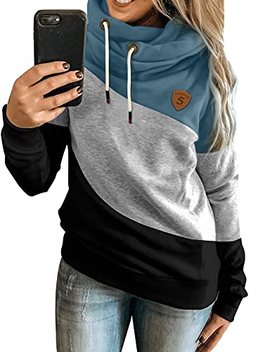 Dokotoo Damen Kapuzenpullover Stehkragen Hoodie Pullover Farbblock Sweatshirt Langarmshirt Oberteile für Herbst Winter M, Blau