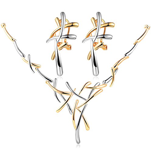 Epinki Parure Collier et Boucles d'oreilles, Acier Inoxydable, Branches d'arbre Boucles d'oreilles et Collier, Ensemble de Bijoux de Femme, 43 + 5.5CM, Argent Or Cover