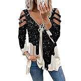 Janepam Womens Tops Shirt Galaxy Patchwork Pattern Graphic Print Cold Shoulder Long Sleeve Plus Size V-Neck Zipper Blouse(H Black White,L)