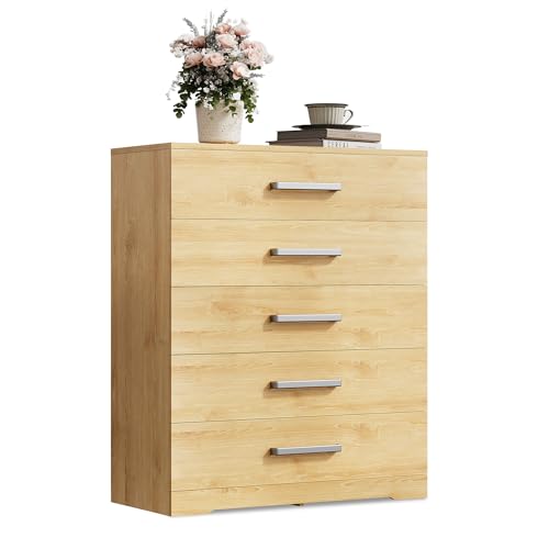 WLIVE Kommode mit 5 Schubladen, Metallgriffen und Schienen, Komodenschrank, Moderne Schubladenschrank für Schlafzimmer, Kinderzimmer, Schrank, Eiche
