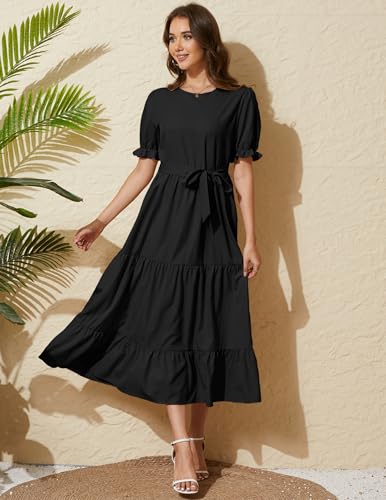 Women's Tiered Midi Dress with Tie Waist Flowy Summer Casual Short Sleeve Boho Swing Dress with Pocket4