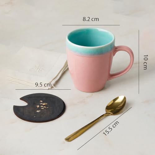 Image of The Earth Store Pink Green Flow Coffee Mug with Lid and Spoon Set of 2 | 340ML Ceramic Coffee Mugs Set of 2 | Resin Art Wooden Lid & Golden Spoon | Premium Coffee Mugs for Gift