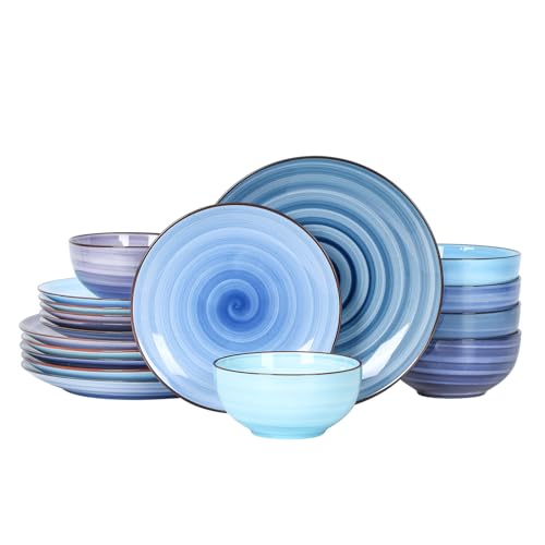 Selamica Ceramic Dinnerware Sets for 6, 18 Pieces Plates and Bowls Set, Scratch Resistant Dishes Set, Handpainted Swirl with Spot Dishwasher & Microwave Safe, Gradient Blue