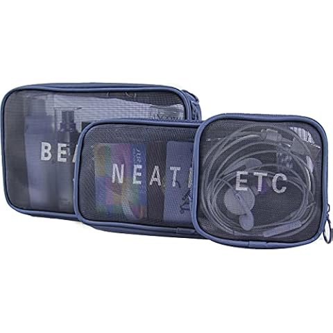 WildWave Travel Mesh Makeup Bags Set 3 Pieces See Through Zipper Pouch Cosmetic and Toiletry Organizer Bag Travel Accessories 3 Pack of S M L(Navy blue) Cover