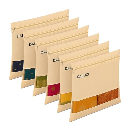 Image of DALUCI Cotton Saree Covers for Storage | Big Size Saree Bags (16x14 Inch) with Zip Closure, Transparent Mesh Window Cloth Organizer for Storage | Wardrobe Organiser - Beige (Pack of 6)