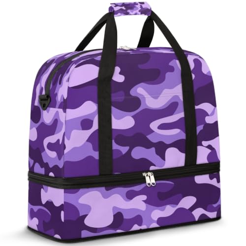 Travel Duffle Bags With Shoes Compartment for Women Men Purple Camouflage Camo Lightweigh Sports Tote Gym Bag Foldable Canvas Weekender Overnight Carry On Luggage Handle Bag