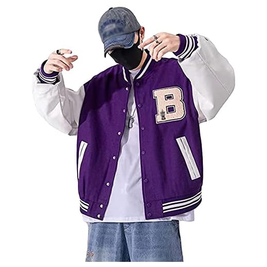 Herr Dam College Baseball Jacka Casual Unisex Bomber Jackor Slim Fit High School Mode Jacka Vintage Jacka Sweatshirt Streetwear Rocks (Color : Purple, Size : XXL)