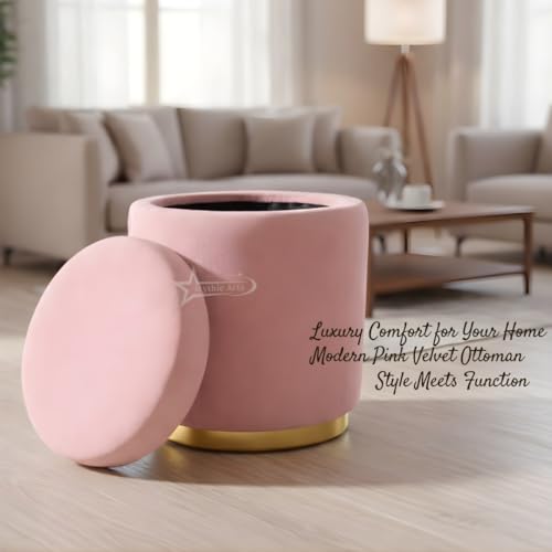 Image of Velvet Round Single Strip Ottoman Office Stool Foot Rest Stool Velvet Fabric Padded Seat Pouf Ottoman 13 X 13X 16 inch, in Round Shape for Living Room Pink