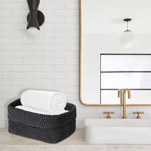 2 Pcs Häkelkorb, Körbe Aufbewahrung, Aufbewahrungskorb Geflochten Aufbewahrungskorb Bad, Stapelbare Häkelkorb, Regalkörbe Wäschekorb Organizer Körbe Ordnungsboxen 29x15x18.5cm & 21x3x15.5cm (Black)