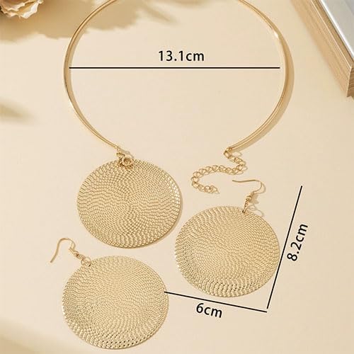 Exaggerate Disc Earrings Necklace Set Gold Plated Disc Dangle Drop Earrings Statement Disk Choker Necklace for Women Jewelry - Image 5