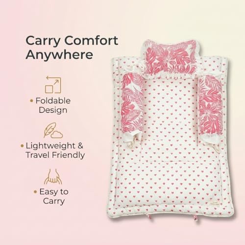 Image of NWF Premium Cotton Toddler Bedding Set, Pink Leaf Print, 26x40 Inch, Foldable Nap Mat, Lightweight, Travel Friendly, 4 Piece, 12+ Months
