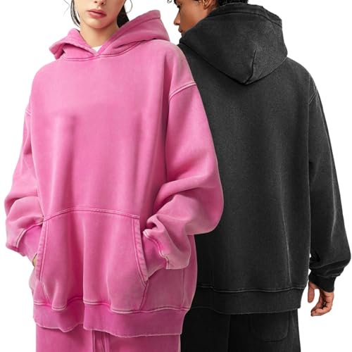 FAIABLE 2 Pack Acid Wash Oversized Vintage Unisex Heavyweight Distressed Cotton Fleece Washed Hoodie for Men Women Couples Streetwear College Black Pink2