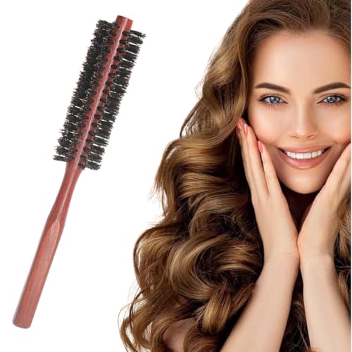 NJCXOLA Cepillo para el pelo de jabalí, 3,2 cm, pequeño redondo cepillo para el pelo con mango de madera natural cepillo rizado para mujeres cepillo de barba para hombres, Marrón