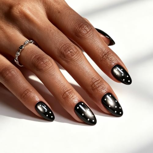 Image of Beetles Black Cat Eye Press On Nails Short Almond, 32 PCS, White Polka Dots | Halloween 16 Sizes Salon-Look Cat Eye Nails, Glue and Adhesive Tabs Included, Ready in 10 Minutes, All-in-One Complete Kit