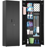 LHForgetech Besenschrank, Mehrzweckschrank Abschließbar, Metallschrank, Putzschrank, Haushaltsschrank, Vorratsschrank, Flur Möbel, Aufbewahrungsschrank, 35x60x180cm, Schwarz