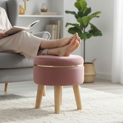 Image of Ottoman Stool for Living Room Foot Rest | Velvet Small Ottoman Foot Stool | Solid Wood Legs | Footstool Puffy for Home, Bedroom & Makeup Table | 30 x 30 cm (12 x 12 Inch) | Gajri