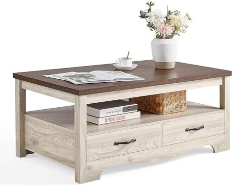 LINSY HOME Farmhouse Coffee Table with Storage, Wood Coffee Table...