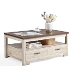 LINSY HOME Table basse de style rustique avec rangement, table basse en bois pour salon, espace d'exposition ouvert et tiroirs de rangement avec poignées en métal, style chic avec base incurvée, chêne