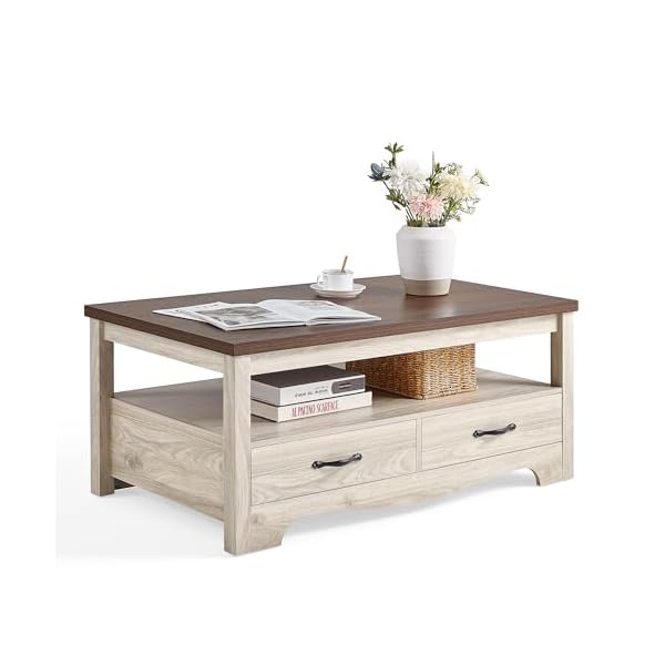 LINSY HOME Table basse de style rustique avec rangement, table basse en bois pour salon, espace d'exposition ouvert et tiroirs de rangement avec poignées en métal, style chic avec base incurvée, chêne